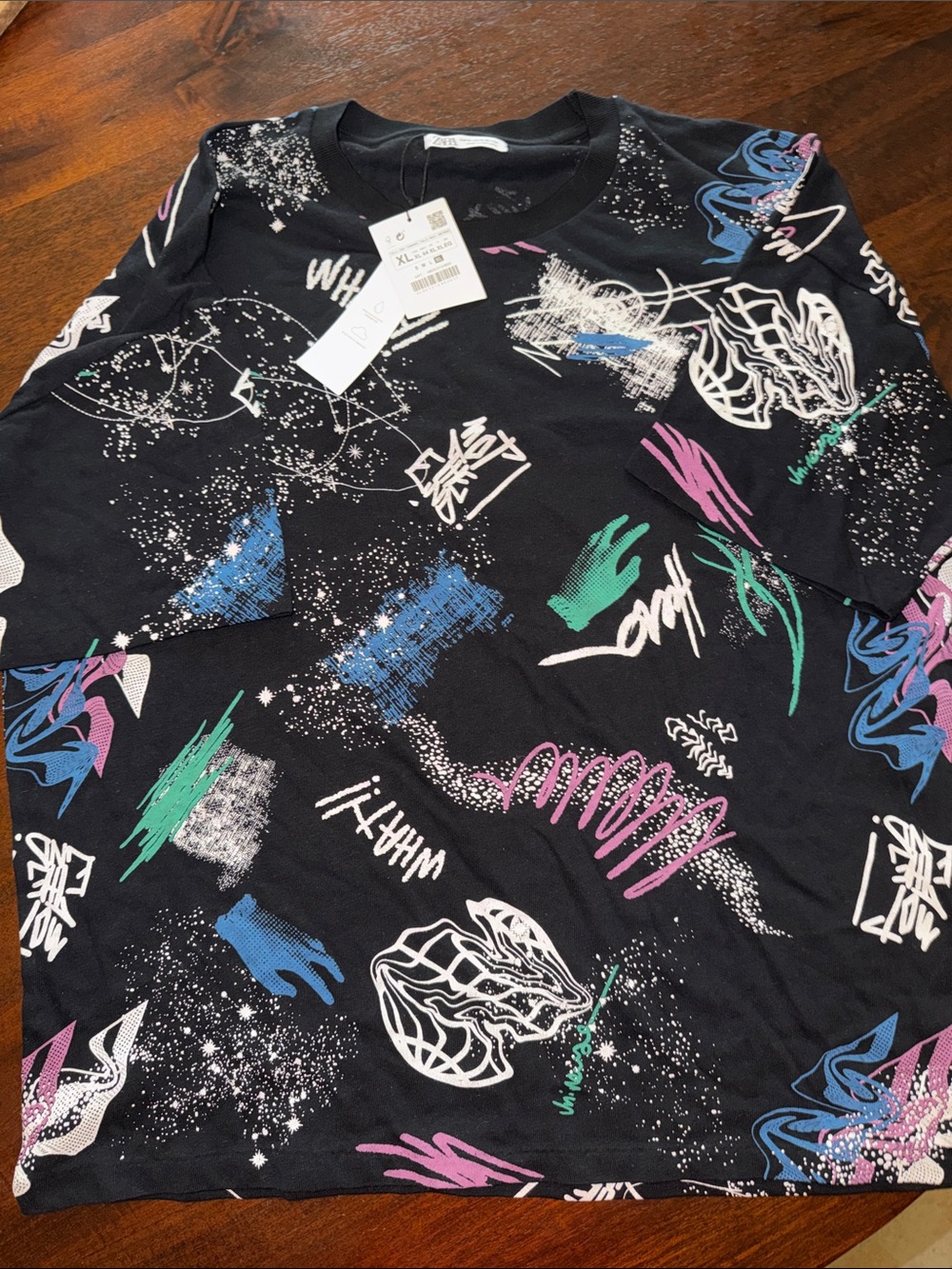Zara Black Short Sleeve Tee with Multicolor Scribble Print